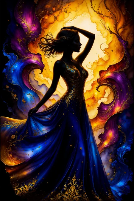<lora:AISIL_style:1.0> AISIL style digital artwork with intricate, ethereal and vibrant background.
A woman in a dramatic pose, one hand raised to her head, the other rests by her side. Her gown flows elegantly, adorned with intricate floral and gold embellishments, glowing with warm tones of orange and yellow that merge with deep blue and purple swirls. The lighting is high contrast, emphasizing the silhouette against the vibrant, dynamic backdrop.