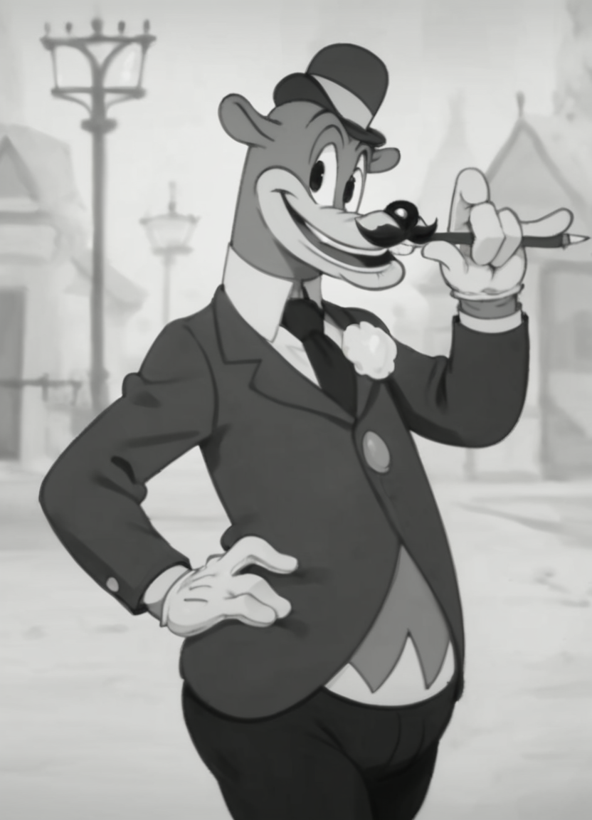 <lora:Honestjohngusherpony1.0:0.6> honest john gusher, smile, solo, 1boy, male focus, hat, suit, gloves, furry male, mustache, necktie, standing, score_9, score_8_up, score_7_up, score_6_up, score_5_up, score_4_up, looking at viewer, hand on own hip, cowboy shot,monochrome,