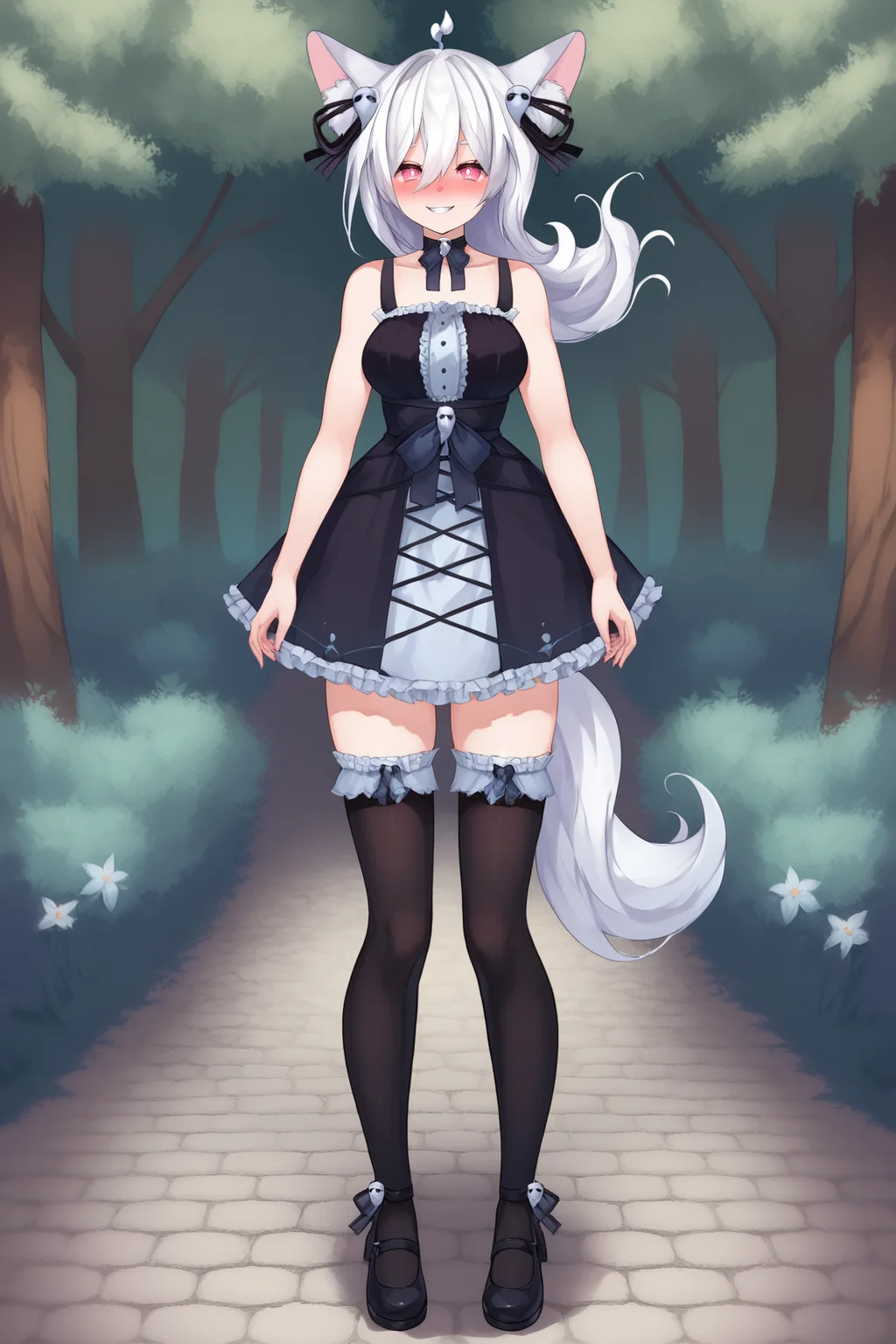 score_9, score_8_up, score_7_up, score_6_up, BREAK, PookyBooVTPXLv2, pink eyes, white hair, long hair, hair between eyes, hair ornament, ahoge, animal ears, animal ear fluff, black choker, medium breasts, bare shoulders, black ribbon, black dress, black ribbon belt, black skirt, black thighhighs, black shoes, solo, full body, standing, seductive smile, looking at viewer, naughty face, nose blush, forest <lora:PookyBooVTPXLv2:1>