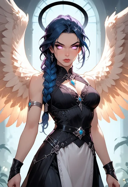 (score_9, score_8_up, score_7_up), ((zPDXL3)), ((zPDXLxxx)), ((face focus, eye focus, dynamic angle, motion)), 1girl, fantasy, Tarot Card Style, pin-up art, ((TRLCLAS, single braid, lips, large breasts, sleeveless)), ((aasimar_fallen, aasimar_scourge, glowing eyes, glowing tears, wings, feathered wings, huge wings, black halo, pin up art of a woman with large massive wings, very-pale skin, purple eyes, very-long black hair, braided hair, very-long braid, single long braid)), ((goth girl)), ((black halo)), (sexy clothes, black leather dress, pelvic curtain, black lace, cape), ((hourglass figure)), breathless intimacy, petite model bombshell, heart, young, delicate features, narrow pointy nose, tiny nose, lust, big eyes, seductive eyes, detailed skin, flared lashes, mascara, makeup, perky large breasts, athletic body, narrow waist, wide hips,
warm light, detailed, neon dark party, ((sexy pose)), dynamic pose,
BREAK
milky way, runes, arcane, astral, surreal, ethereal glow, masterpiece, best quality, intricate design. colorful, moonlit nightsky, stained glass aesthetic, moody whimsical color palette, murano glass, bold soldering lines, volumetric light shining through, crepuscular rays, intricate craftsmanship, detailed texture, luminous transparency, reflective light play, vivid hues, atmospheric depth, enchanting silhouette, art nouveau,
