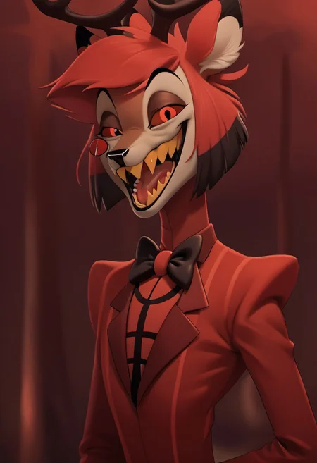 score_9, score_8_up, score_7_up, score_6_up, masterpiece, solo, ((detailed eyes, detailed face, detailed fur,
BREAK
Great Prince of the Forest, GPotF, deer, buck, disney, antlers, red fur, beige markings, brown eyes, brown eyelids, brown eyeshadow, eyeliner, black eyebrows, anthropomorphic deer, furry, anthro deer, animal focus, alastor_hh, alastor \(hazbin hotel\), solo, red theme, 1boy, red eyes, bow, smile, looking at viewer, evil smile, grin, short hair, bowtie, horror, monocle (theme), sharp teeth, yellow teeth, laughing, open mouth
<lora:add-detail-xl:1.0>