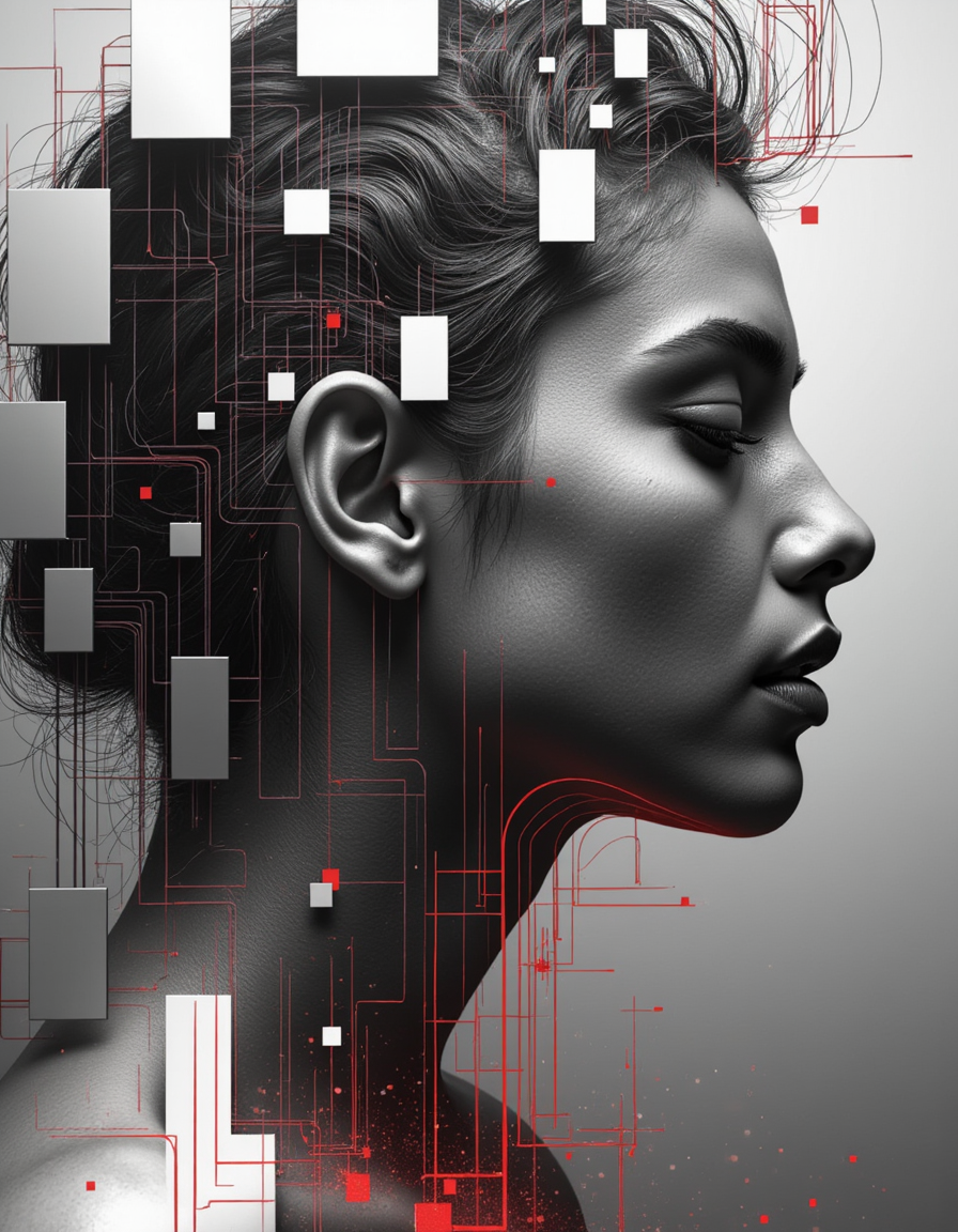 profile of a woman seamlessly merging with an abstract digital landscape, characterized by pixelated and fragmented forms. The image is rendered in a hyperrealistic style, with a monochromatic palette of blacks, whites, and grays, accented by subtle hints of red. Intricate lines suggest strands of hair flowing over her face, blending into the surrounding geometric patterns. The background transitions from smooth gradients to sharp, block-like structures, creating a dynamic tension between softness and rigidity. The overall composition conveys themes of identity and technology, evoking a sense of introspection amidst a modern digital world.