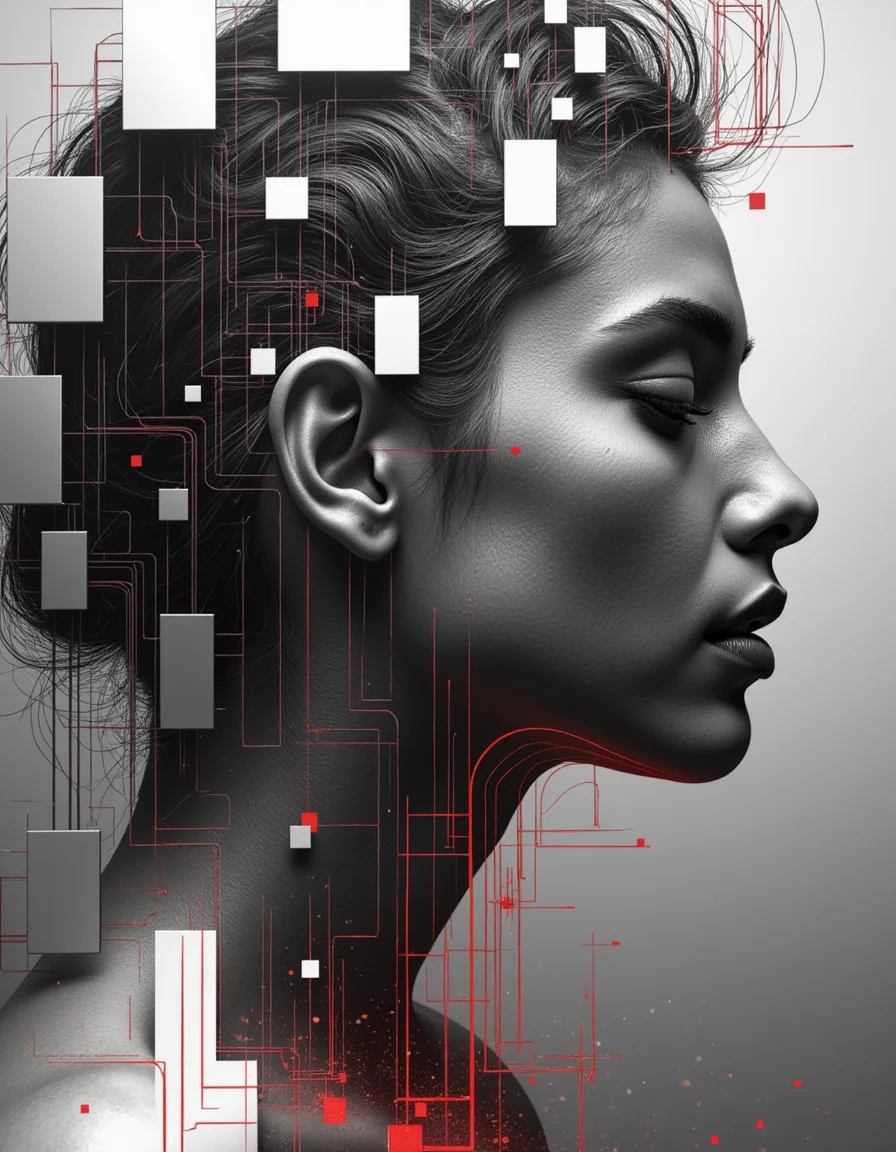 profile of a woman seamlessly merging with an abstract digital landscape, characterized by pixelated and fragmented forms. The image is rendered in a hyperrealistic style, with a monochromatic palette of blacks, whites, and grays, accented by subtle hints of red. Intricate lines suggest strands of hair flowing over her face, blending into the surrounding geometric patterns. The background transitions from smooth gradients to sharp, block-like structures, creating a dynamic tension between softness and rigidity. The overall composition conveys themes of identity and technology, evoking a sense of introspection amidst a modern digital world.