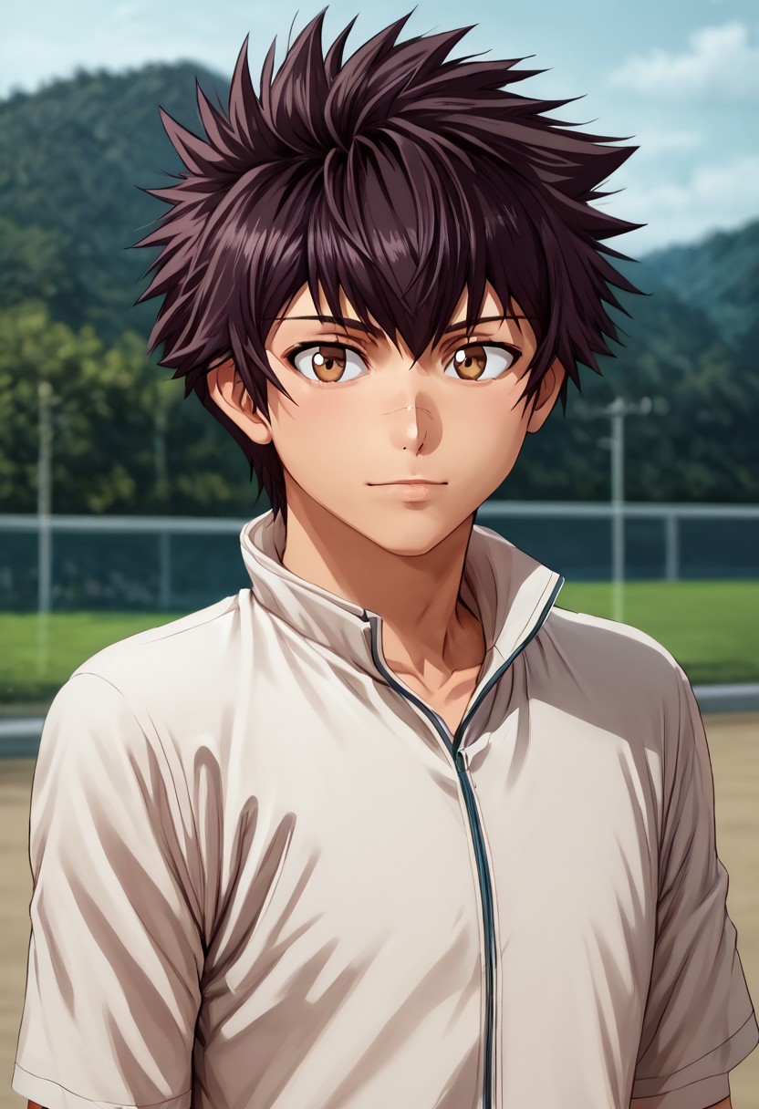 high resolution, solo, best quality, 1Boy, Kanata Hoshijima, Black hair, Brown Eyes, portraits, proud, outdoor, Half Body, Depth Of Field,