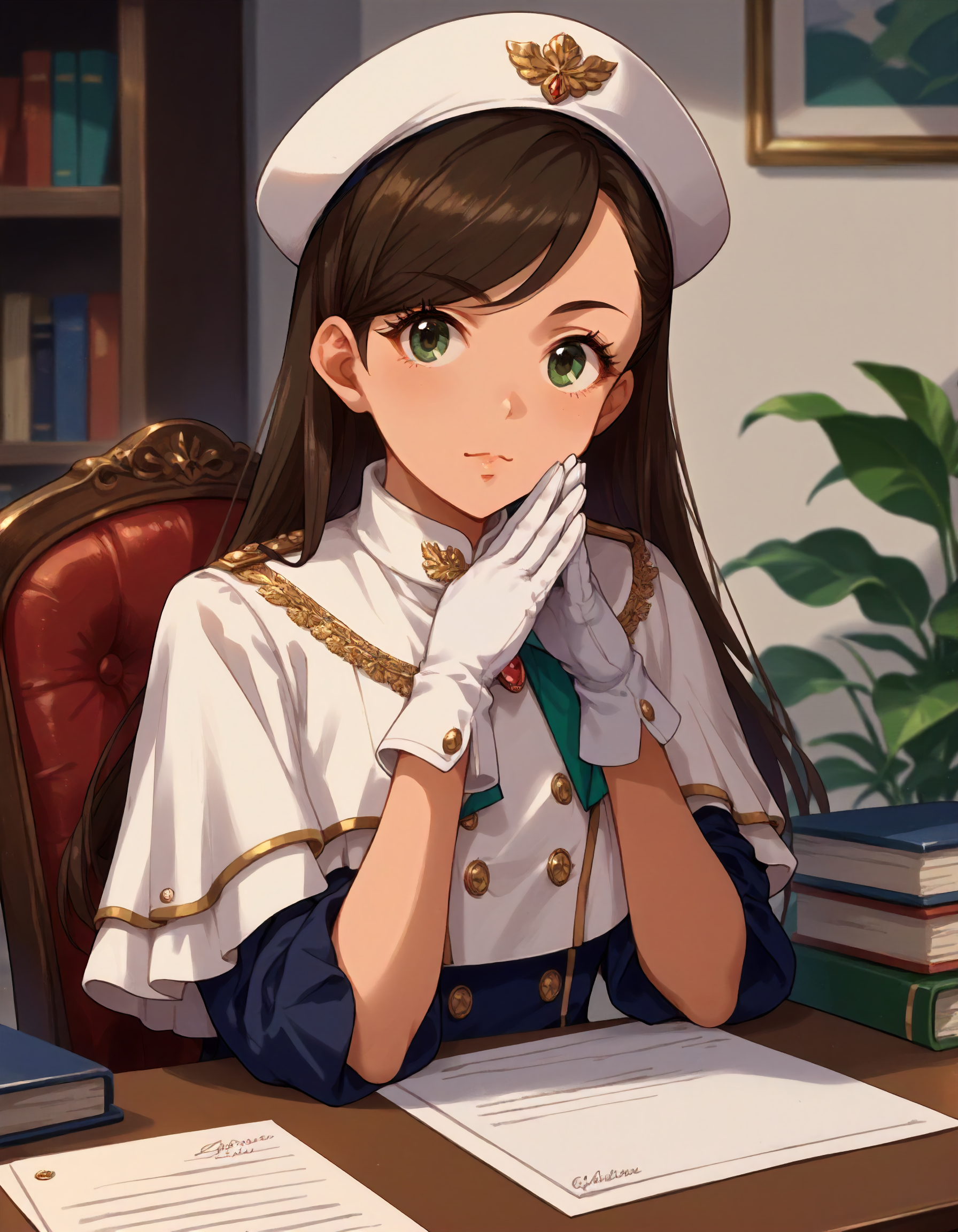 score_9,score_8_up,score_7_up,1girl,solo,sitting on chair,upper body,desk,looking at viewer,own hands clasped,office,,hand on own chin,
<lora:etoumisaki_ponyXLV6:0.8>,cgem,brown hair,long hair,green eyes,
white admiral uniform,white capelet,white gloves