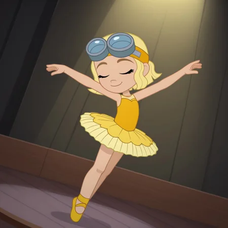 Lemon_Meringue, 1girl, solo, fair skin, short hair, honey-blonde hair, light green eyes, orange goggles, inventor goggles, yellow sleeveless tutu, (smile, dutch angle, ballet pose, arms out, opaque skirt, bare legs, eyes closed, ballerina jump, indoors, stage, spotlight, solo, full_body, head tilt)