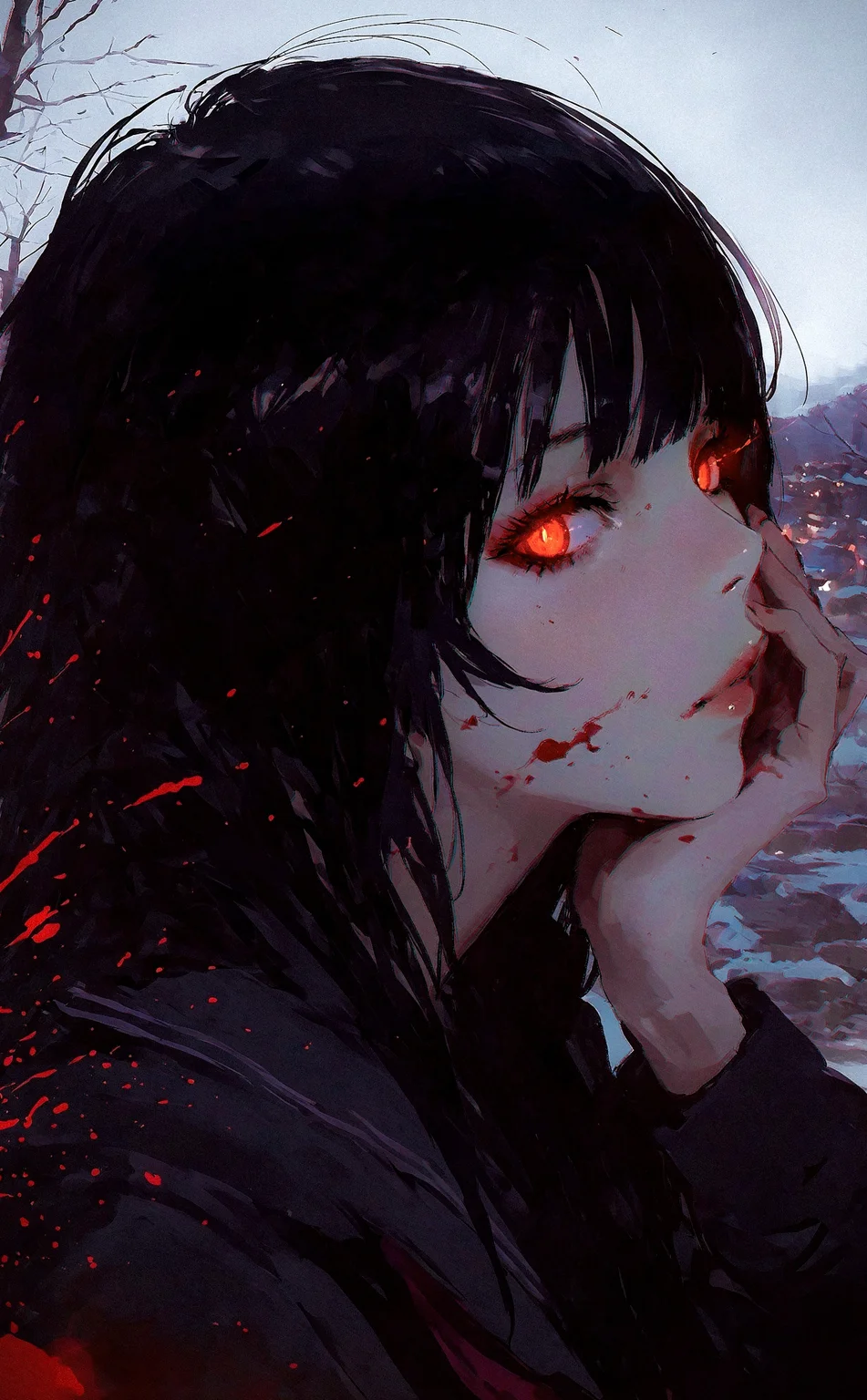 (by rintaro komori:1.3), (by ilya kuvshinov:0.5), (by aoi ogata:0.5), dark maniac theme, blood splatter on face, 
1girl, portrait, scenery, outdoors, profile, nose, lips, sideways glance, glowing eyes, hand on own cheek, smeared blood, 
very awa, best quality, highres, masterpiece, very aesthetic,
<lora:nhl-004:0.6>  nhl-004,