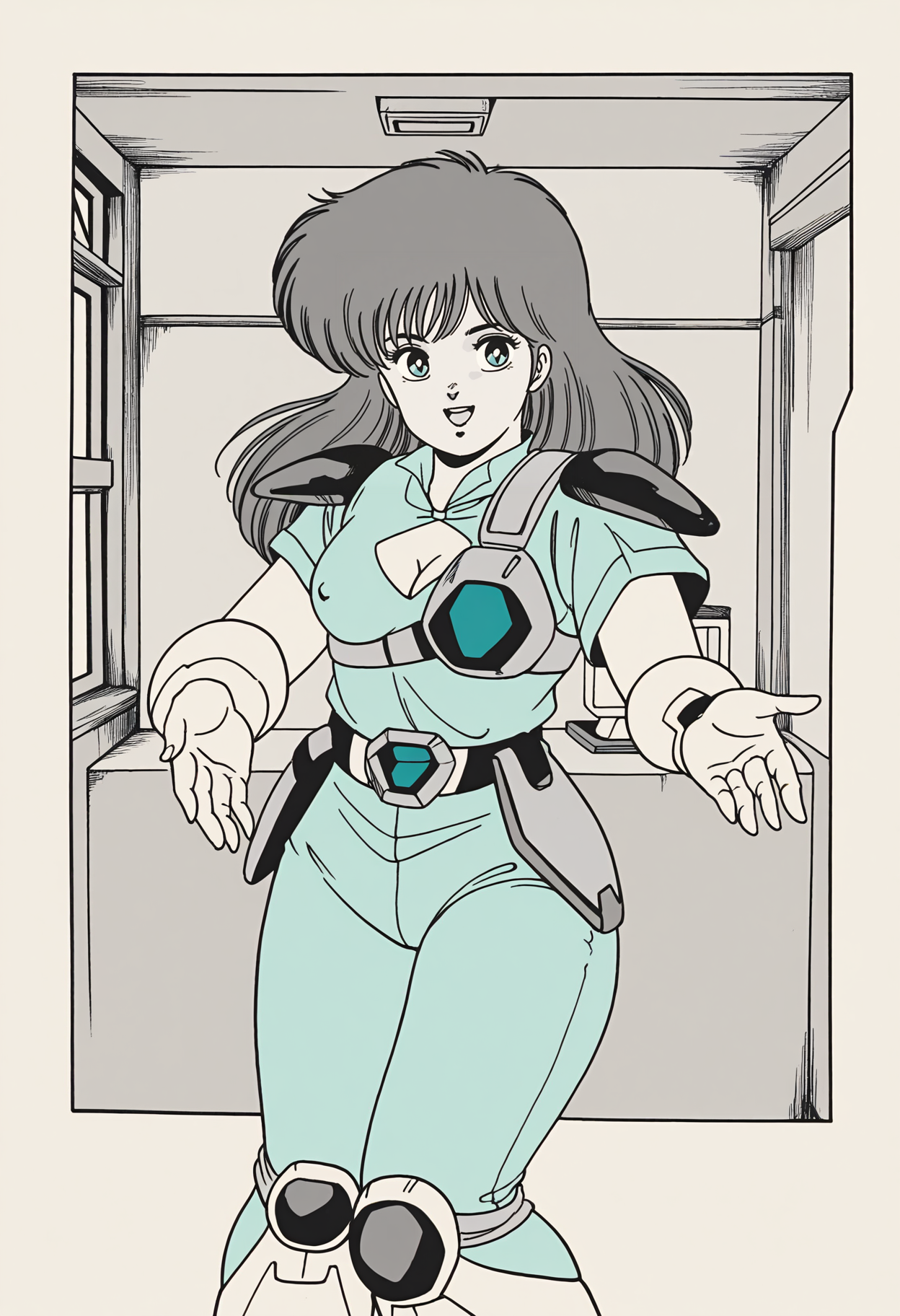 best hands, 5 fingers, perfect hand, <lora:ZILLION_Apple_IL1.6:0.8>cowboy shot, looking at viewer, 
ZILLION_Apple, iwata kazuhisa_style, 1girl, solo, blue long hair, smile, open mouth, medium breasts,
cleavage cutout, pink shoulder pads, Aqua Short Sleeve, Aqua Pants, futuristic chest protector (blue and white color scheme, armored design), belt, Pink Knee Pads, white Gauntlet, white boots, covered nipples, No gloves
indoors, bedroom, window, shadow, monochrome, greyscale, retro artstyle, 1980s \(style\),