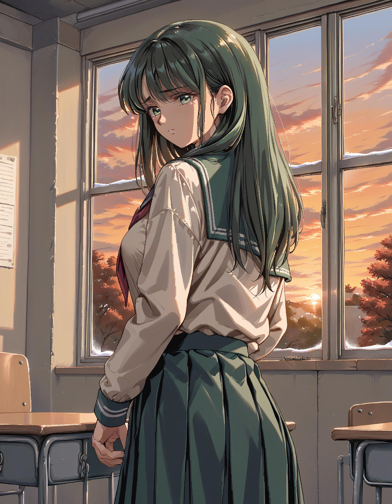 score_9, score_8_up, score_7_up, game_cg, 1girl, classroom, standing, sunset, black_school_uniform, long hair, medium breasts, dark green hair,  <lora:Oono-Tsutomu-Style:1>,window, winter, indoors, looking outside, sad, hand on window, from behind, from side, green eyes