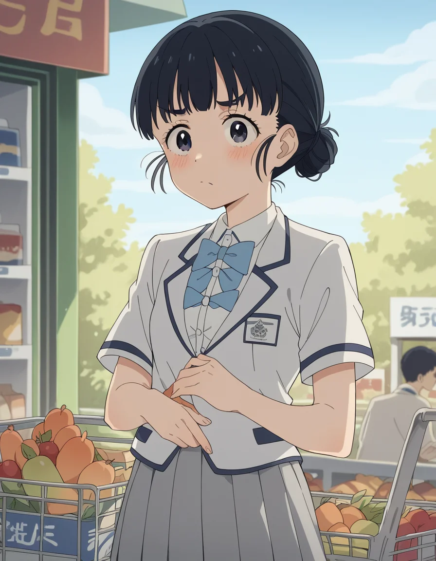 score_9, score_8_up, score_7_up, source_anime, <lora:tiara-basori-s1-ponyxl-lora-nochekaiser:1>, tiara basori, bangs, black hair, hair bun, black eyes, single hair bun,, skirt, shirt, bow, school uniform, white shirt, short sleeves, grey skirt, pleated skirt, bowtie, blue bowtie, blue bow, blazer,, grocery store, shopping cart, picking fruits, everyday life, , , , hand on stomach, blush,, solo,, cowboy shot, dutch angle