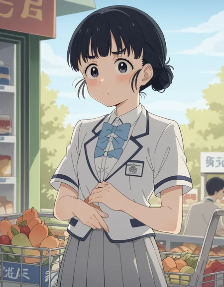 score_9, score_8_up, score_7_up, source_anime, <lora:tiara-basori-s1-ponyxl-lora-nochekaiser:1>, tiara basori, bangs, black hair, hair bun, black eyes, single hair bun,, skirt, shirt, bow, school uniform, white shirt, short sleeves, grey skirt, pleated skirt, bowtie, blue bowtie, blue bow, blazer,, grocery store, shopping cart, picking fruits, everyday life, , , , hand on stomach, blush,, solo,, cowboy shot, dutch angle