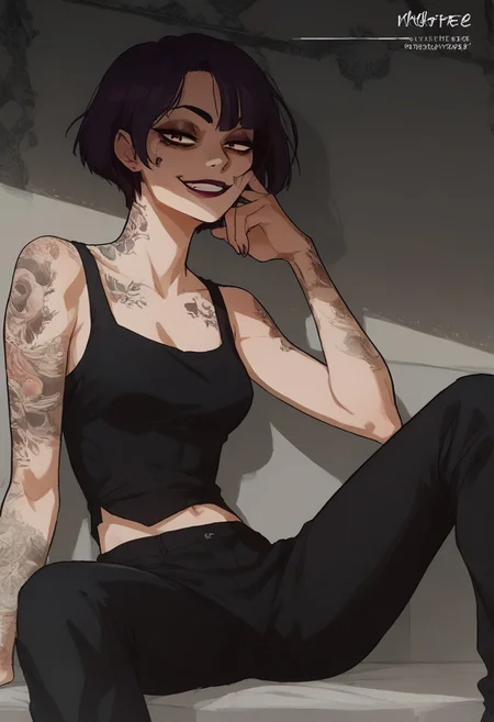 score_9, score_8_up, score_7_up, Expressiveh, source_anime, masterpiece, score_9, score_8_up, score_7_up 1girl, solo, mayabl2, tattoo, makeup, lipstick, half closed eyes, looking at the viewer, (cowboy shot:1.3), (asian, japanese idol:1.3), very short hair, yakuza tattoo, irezumi, (black undersized tank top:1.3), (black oversized pants:1.3), visible ombligo, thin waist,perfect eyes, symetric eyes, half closed eyes, dark bags under eyes, bags under eyes, slim, slender, ripped body, symetric eyes, looking at the viewer, (very short hair:1.3), morena, sitting, spread legs, smile, smirk, evil smile, pretty face, perfect face, (side view:1.3), (side face:1.1)