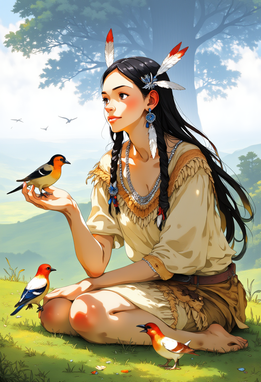 digital illustration of a young woman with long black hair, wearing a traditional Native American headdress and jewelry, kneeling on a grassy hill with a serene expression. She is holding a small bird in her hand, surrounded by two other birds. The background features a bright, sunny sky with fluffy clouds and a few birds flying in the distance. The woman has a slender physique and fair skin. pastel colors, majestic tree in the background, meadows
