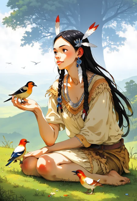 digital illustration of a young woman with long black hair, wearing a traditional Native American headdress and jewelry, kneeling on a grassy hill with a serene expression. She is holding a small bird in her hand, surrounded by two other birds. The background features a bright, sunny sky with fluffy clouds and a few birds flying in the distance. The woman has a slender physique and fair skin. pastel colors, majestic tree in the background, meadows