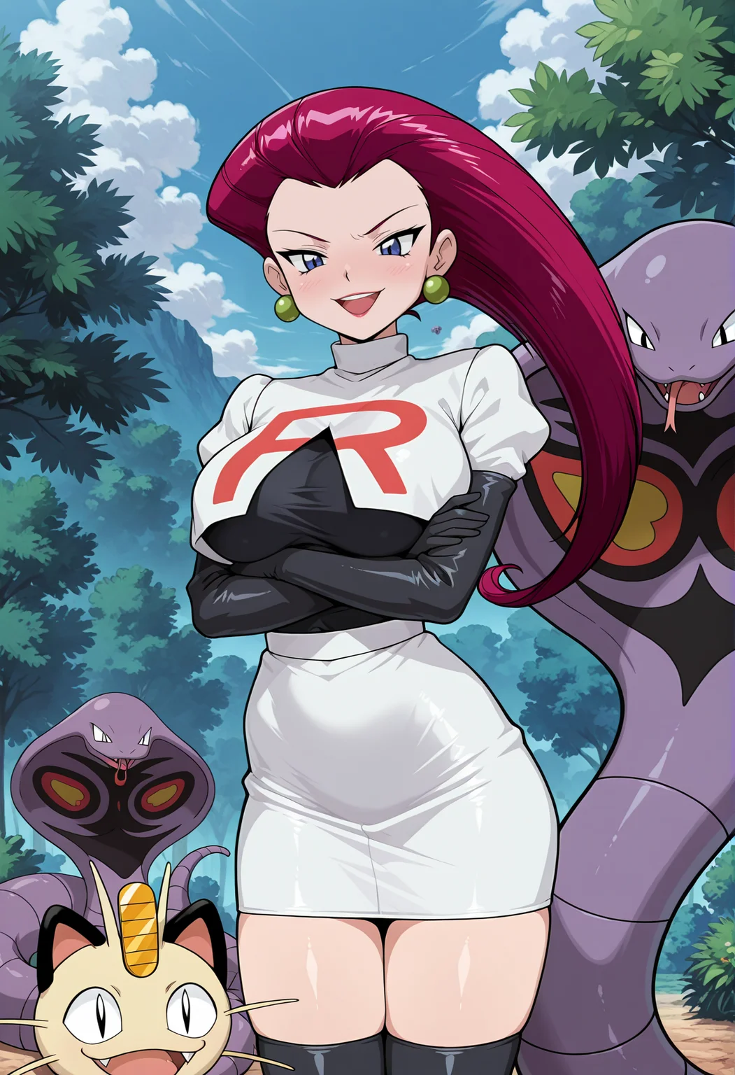 amazing quality,very aesthetic,absurdres,best quality,newest,masterpiece,4k resolution, absurdres, highres, detailed background,
<lora:jessiev2:0.8> 1girl, team rocket, jessie (pokemon),team rocket uniform, crossed arms, arms under breasts, meowth, outdoors, smile, big eyes, arbok, open mouth,