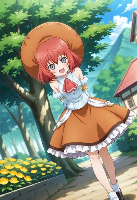 detailed eyes, beautiful, detailed background, perfect eyes,
source_anime, very aesthetic, anime coloring, masterpiece, official art,
<lora:HandFineTuning_XL:1>
BREAK,
village, trees, flowers, blurry background,
hands behind back, open smile, blush,
dynamic angle,
BREAK,
BREAK,
<lora:seles_illustrious_v01:0.99>
orange headwear, orange hat, red hair, short hair, grey eyes, hair between eyes, sidelocks,
red ascot, white shirt, sleeveless, detached sleeves, orange skirt, frills,
white socks, black loafers,