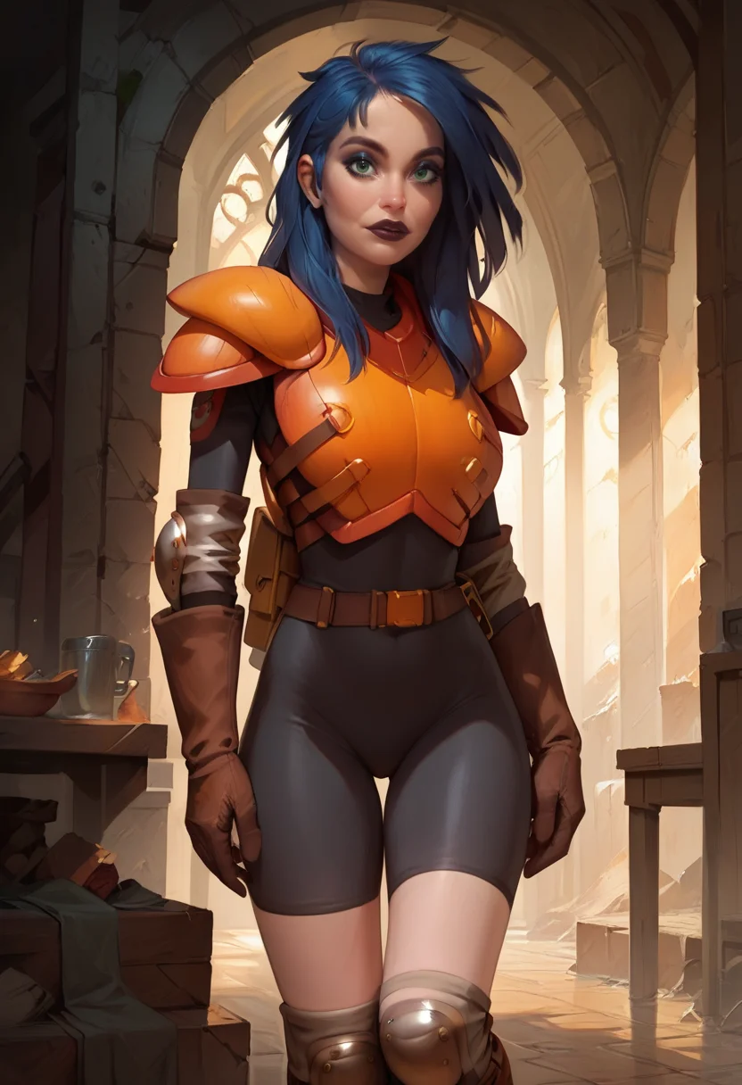 1girl, solo, full body, cowboy shot, standing , looking at viewer,  green eyes, angular face, shag, deep blue hair, black bodysuit, orange breastplate,  orange shoulders armor,  knee pads, elbow pads
, brown gloves, makeup,  inside of abandoned mansion, boots,  <lora:Kylie_GriffinPony_64V3:1>,  <lora:CALM_testXL_4image_125steps:0.75>, score_9, score_8_up, score_7_up,