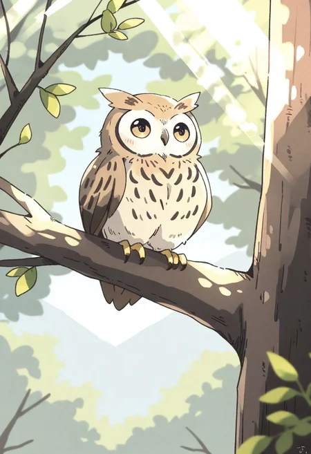 (masterpiece, best quality, high quality, highres), very awa, highres, absurdres,
chii-kun \(seedyoulater\), naguru \(cyoroama\), 
(owl:1.2), (no humans:1.1), (cute:1.2), comfy, solo, 
OO, surprised,
tree branches, day, sunlight, sun rays,