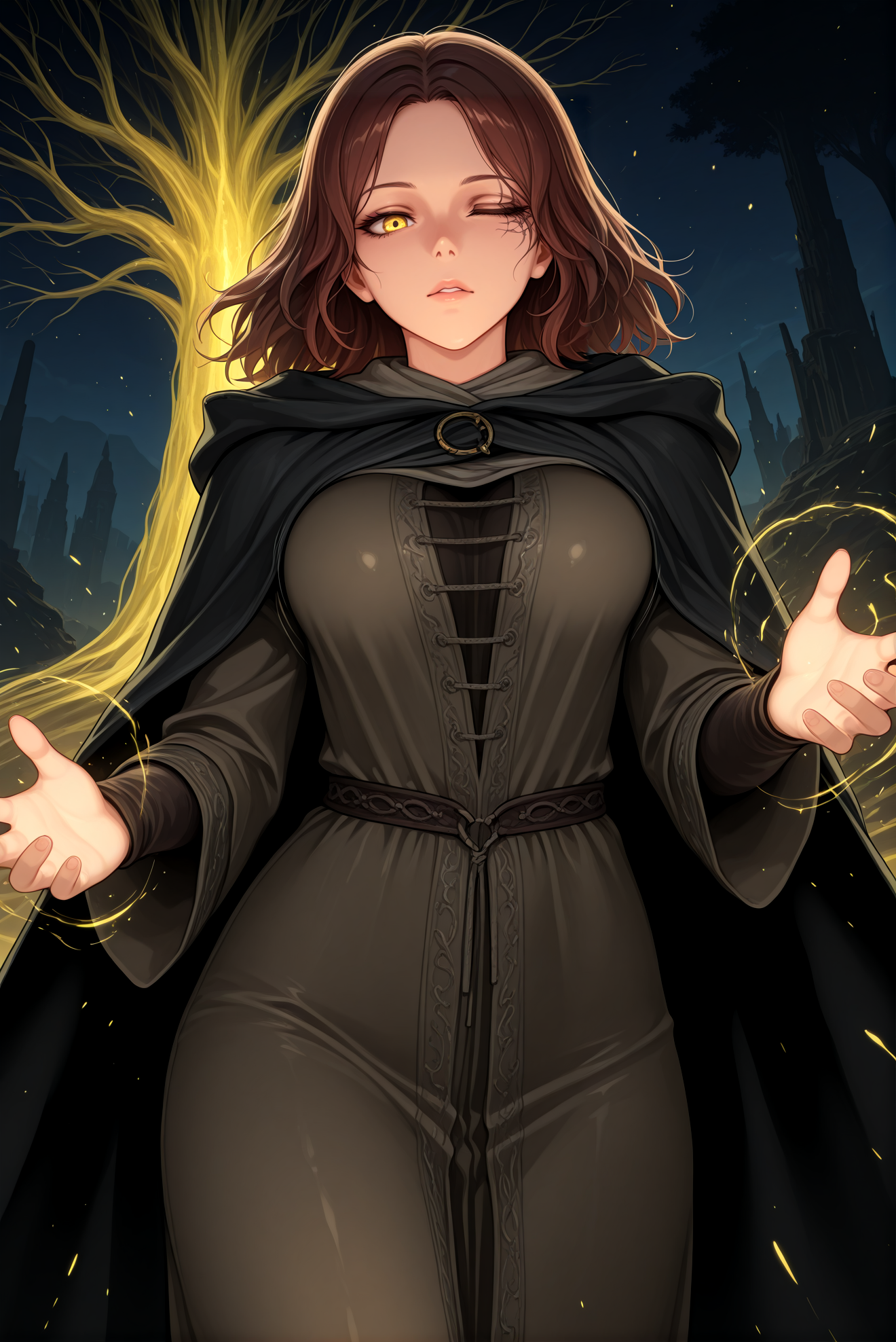 masterpiece, best quality, intricate details, absurdres,
1girl, solo,
<lora:P-IL-Melina:1>, m3l1n4, brown hair, medium hair, yellow eyes, one eyed, scar across eye, scar, facial tattoo, tattoo, one eye closed,
dress, long sleeves, hooded cloak with hood down, cape,
closed mouth, looking at viewer, lips, parted lips,
medium breasts,
((breasts in motion)), dynamic pose, intense movement, action shot, motion blur, (bouncy:1.3), (bouncing breasts:1.2), tight outfit, dramatic perspective,
erdtree, life tree, glowing tree, elden ring, mystical ambiance, night, runes, magic, yellow tree,