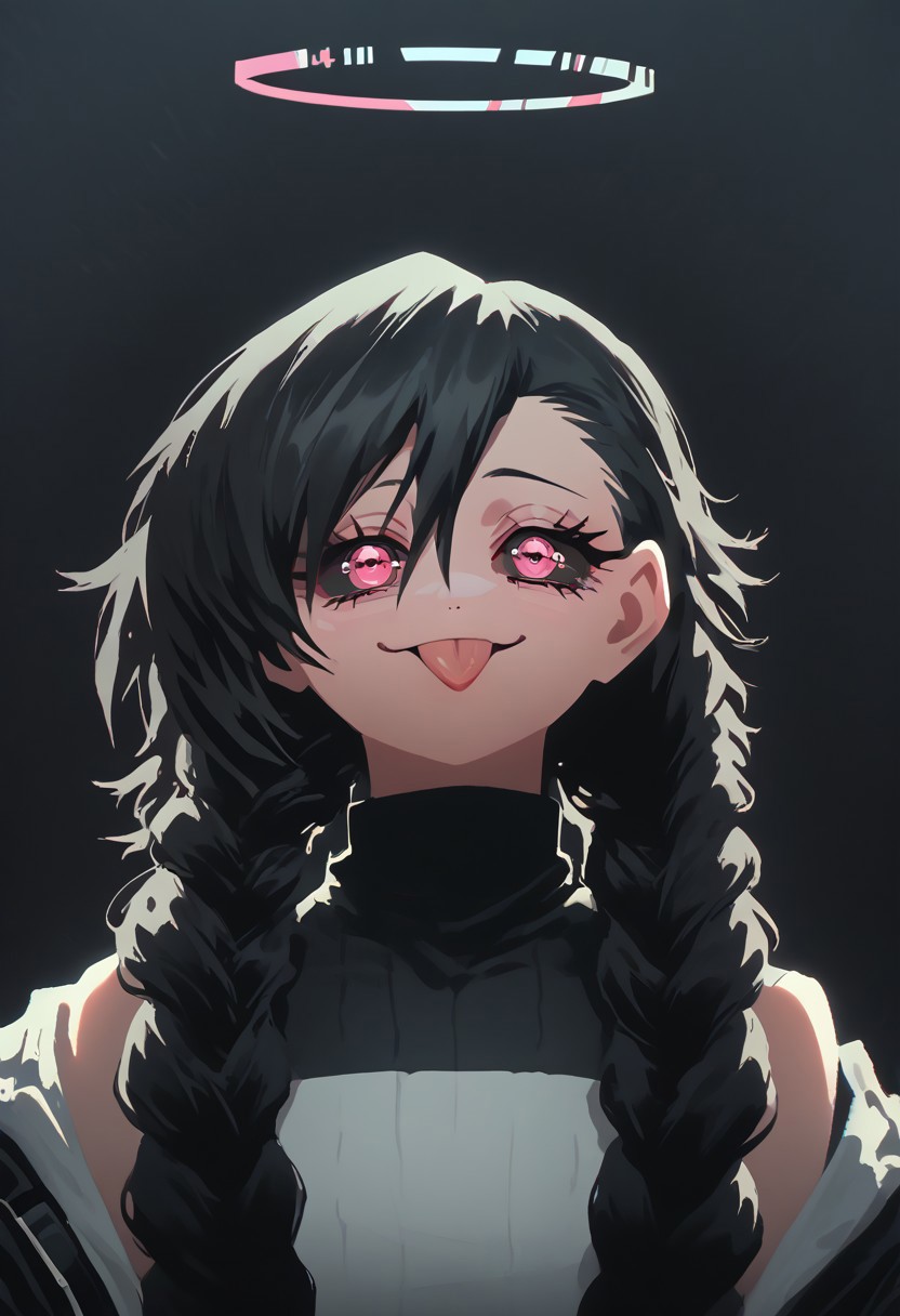score_9, score_8_up, score_8, female, cel-shading, backlit, big eyes, cute eyes, delicate features, short hair, (braided hair), black hair, portrait, nsfw, smug, seductive eyes, horns, hologram halo, 0xYung, techwear, cyborg, cybernoir, heavy rain, rainrops, (((dark))), sexy, sensual glare, pink eyes, black sclera, tongue sticking out teasingly, big chest, lineless, flar color,