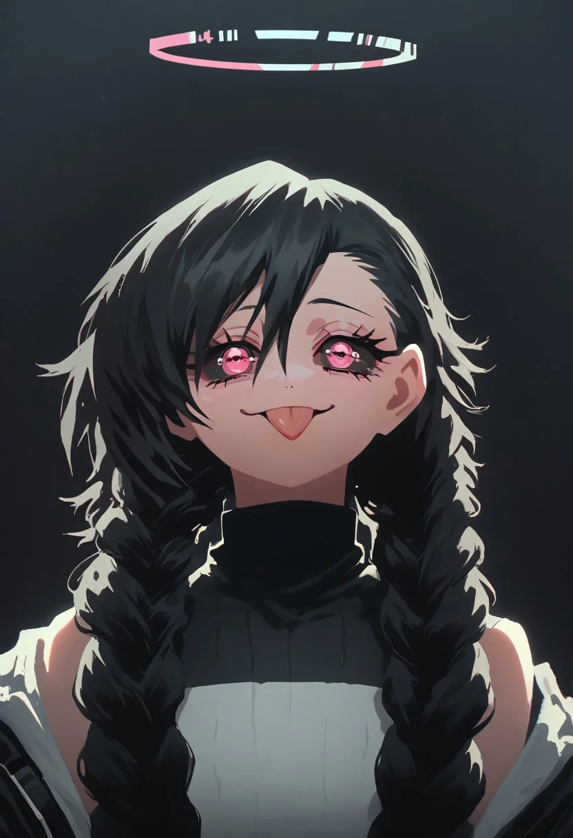 score_9, score_8_up, score_8, female, cel-shading, backlit, big eyes, cute eyes, delicate features, short hair, (braided hair), black hair, portrait, nsfw, smug, seductive eyes, horns, hologram halo, 0xYung, techwear, cyborg, cybernoir, heavy rain, rainrops, (((dark))), sexy, sensual glare, pink eyes, black sclera, tongue sticking out teasingly, big chest, lineless, flar color,