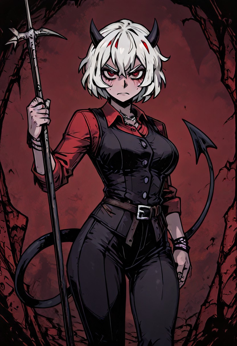 masterpiece, best quality, newest, absurdres, highres, TTCSV1.0, BDCV1.0, weapon, polearm, bec de corbin, holding weapon, holding polearm, holding,1girl, malina \(helltaker\), demon girl, short hair, white hair, horns, demon tail,