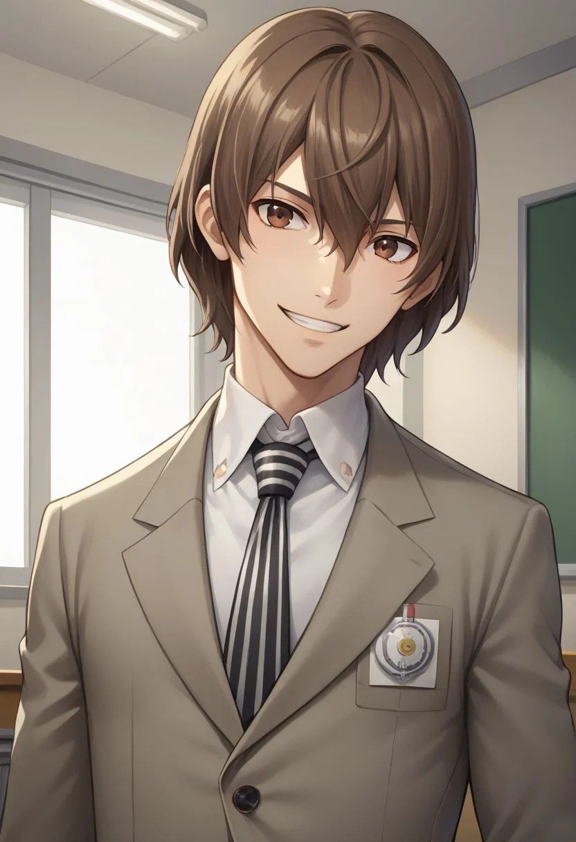 score_9, score_8_up, source_anime, highly detailed, 1boy, solo, male_focus, 
goro, brown hair, male focus, 1boy, necktie, brown eyes, school uniform, formal,looking at viewer, suit, hair between eyes, shirt, collared shirt, jacket, striped necktie. hand under chin, smile, teeth,
inside,