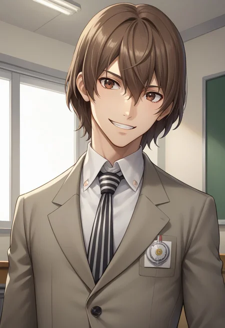 score_9, score_8_up, source_anime, highly detailed, 1boy, solo, male_focus,
goro, brown hair, male focus, 1boy, necktie, brown eyes, school uniform, formal,looking at viewer, suit, hair between eyes, shirt, collared shirt, jacket, striped necktie. hand under chin, smile, teeth,
inside,