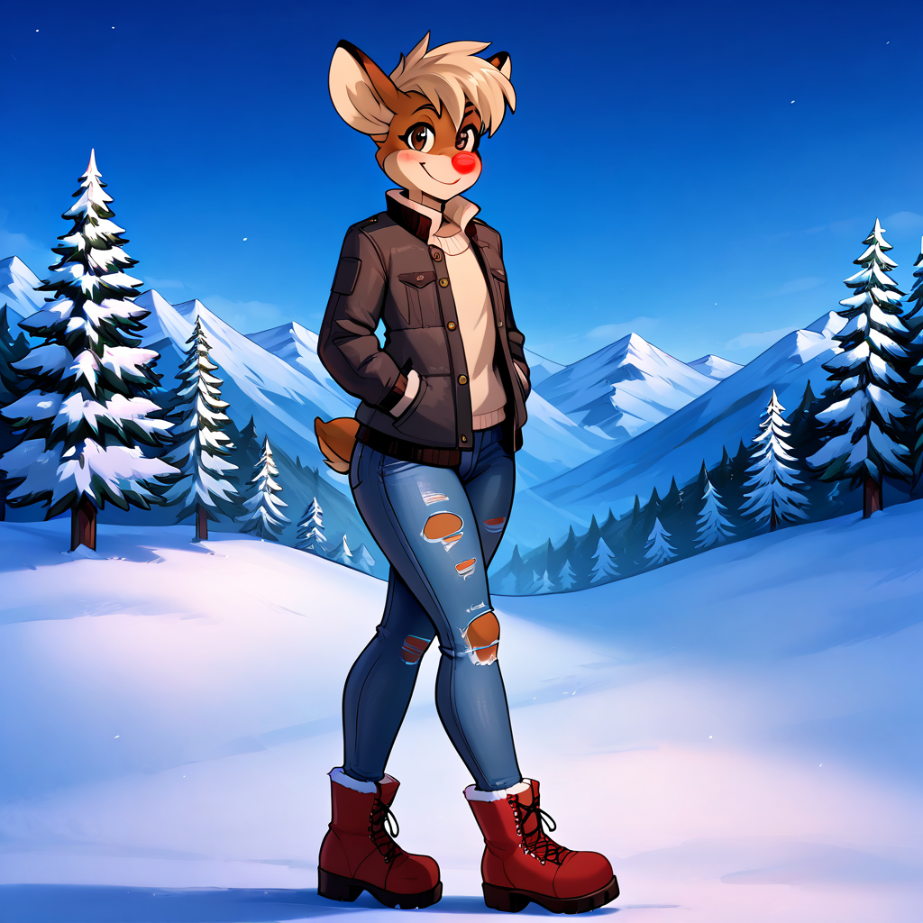 <lora:Rudolph98:0.9>,   <lora:StS_PonyXL_Detail_Slider_v1.4_iteration_3:5> <lora:Femboy:1>,   rudolph1998, reindeer, blond hair, red nose, anthro, full body, left side view, snowy landscape background, ((glowing red nose)), (8k, sharp details, best quality,), (score_9_up, score_8_up, score_7_up,), brown eyes, black pupils, daytime, shaded, walking, femboy, ripped denim jeans, wide hips, grey puffed jacket, black fuzzy boots, looking at viewer, standing, hands in pockets, pine trees, Christmas lights, houses, smiling, blushing cheeks,