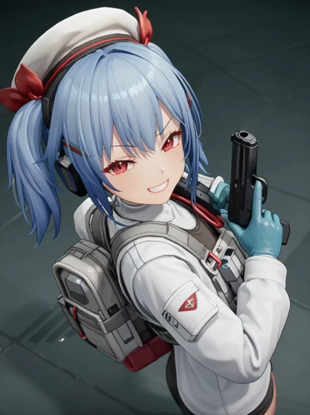 detailed background, posing, rating safe,
<lora:colphne.pony:1>,
colphne,
looking at viewer, high angle, half-closed eyes, evil grin, gun,