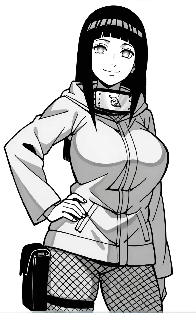 score_9,score_8_up,score_7_up,
BlackAndWhite_NarutoManga_ownwaifu, (monochrome),
1girl, hyuuga hinata, smile, forehead protector, konohagakure symbol, hood, pants, looking at viewer, large breasts, long hair, long sleeves, fishnets, blunt bangs, thigh pouch,
(contrapposto, hand on hip),
<lora:PONYXL_NarutoMangaColored_ownwaifu:1>,