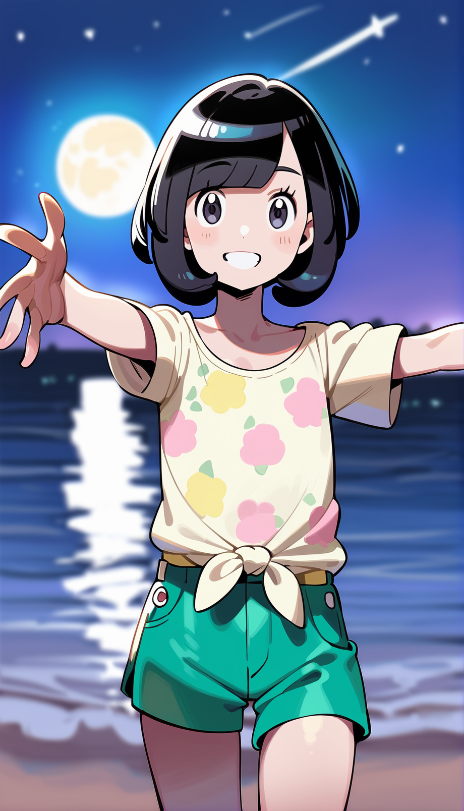 score_9,score_8_up,score_7_up,
highres,highly detailed,
photorealistic,(realistic:1.2),<lora:selene:0.8>,pm_selene,
1girl,solo,black hair,short hair,bangs,
grey eyes,looking at viewer,smile,
yellow short sleeves shirt,collarbone,tied shirt,green shorts,
cowboy shot,reaching out,
blurry background,vignetting,outdoors,beach,night,(starry sky:1.1),full moon,shooting star,light particles,glowing effect,