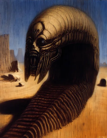 best quality, highres, absurdres, uhd masterpiece, 4k, painterly, realistic, (traditional media, sketch, inked:0.6), mecha monster, biomechanical giant worm, desert, dune, abundance of surrealism, artist: h.r. giger , horror \(theme\), shadow, hdr, <lora:HR Giger Illustrious 0.1-step00000630:0.7>