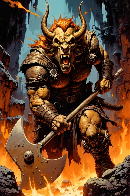 A fierce dragonborn warrior, her bronze scales shimmering under the flickering torchlight of a cavern, lets out a deep growl, baring sharp, white fangs. Her yellow eyes, filled with fiery resolve, narrow as she grips a massive, two-handed battle-axe, its blade gleaming with runes of flame. Her muscular frame is clad in torn leather armor, showing the scars of many battles, while her long, spiked tail sways slowly behind her, ready to strike. Her snout flares with each breath, releasing small plumes of smoke, and the heat radiating from her body causes the air around her to shimmer. Behind her, jagged stalagmites and a glowing river of molten lava form a dangerous, otherworldly landscape. The sound of dripping water echoes through the cavern, mingling with the crackling heat of the lava. Her claws dig into the rocky ground beneath her feet as her nostrils flare, tasting the scent of battle in the air. Her gaze is locked forward, unrelenting, every inch of her exuding lethal strength and determination. <lora:Vintage comic book:1.5>