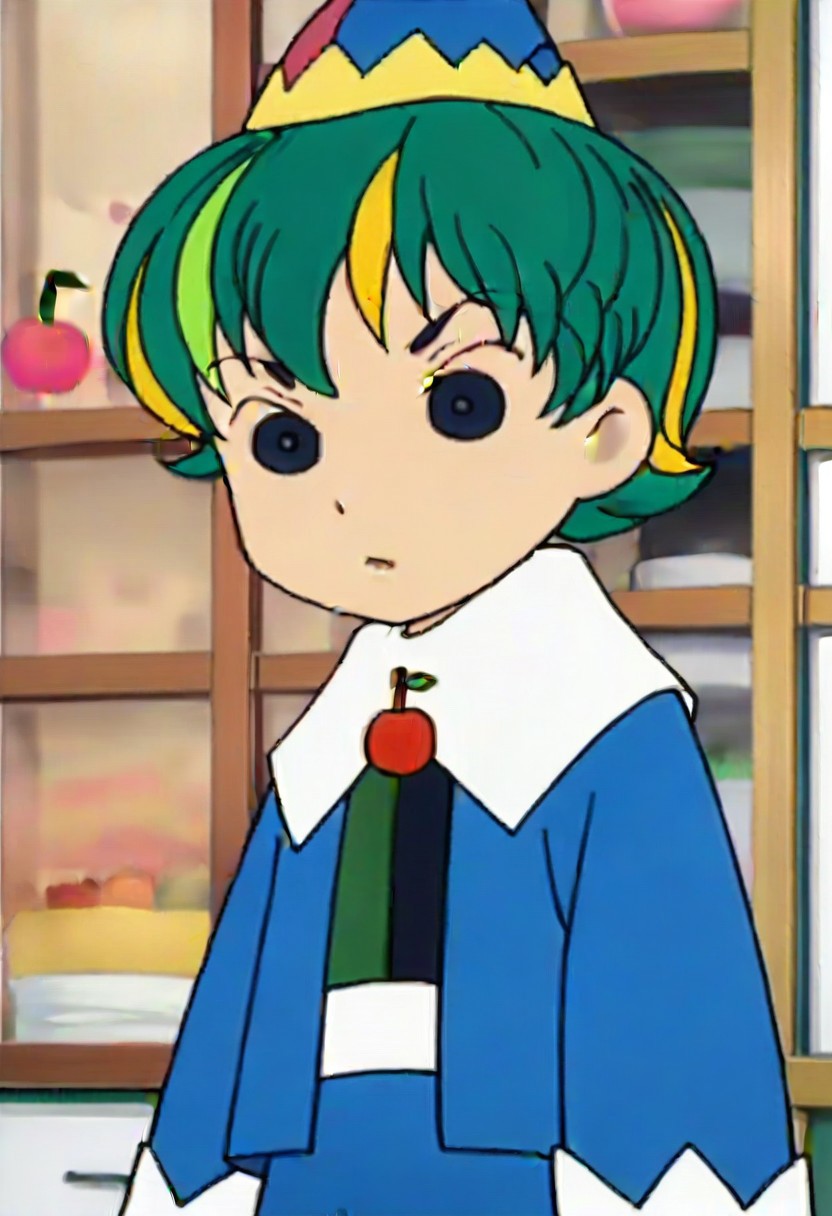 hat, green hair, multicolored hair, long sleeves, short hair, cherry, fruit, 1girl, blonde hair, black eyes,,,,,,,,,,, ,,,,,anime coloring,anime screencap, 1girl,Solo ,, anime,,,,official art, Uncensored ,Unedited ,,,,, ,,,,,,