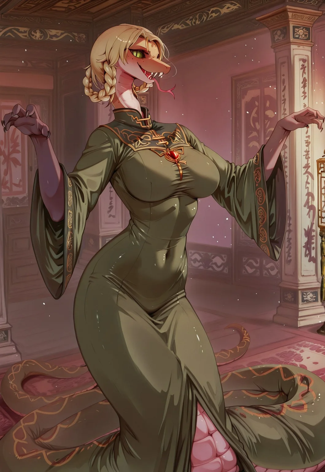 masterpiece,best quality,amazing quality, indoors, pillar
<lora:Anthropomorphic_snakes_Naga:1> anthropomorphic_snakes_(naga),
ry4, blonde hair, braid, green eyes, braided hair rings, mole under mouth, slit pupils, solo
green dress, wide sleeves
smile, forked tongue, long tongue, tongue out, open mouth, vampire
snake pose, fighting stance, standing,
dynamic pose, dutch angle, dynamic angle
<lora:Rya:1>, <lora:forkedtongue_Illust_v1:1>, <lora:LoRASnakePoseNoobAIXLvPred:1>, <lora:Chinoiserie_Illu_Style:1> Chinoiserie, no humans, colored skin, fangs, facial mark, slit pupils, furry, colored sclera, black sclera, snake, scales, furry female, multicolored skin, snake girl, alien, lamia, squama, Snakegirl, Chinoiserie, <lora:reptiloids_sdxl_v05_495-15-0:0.4> reptiloid, snake head,