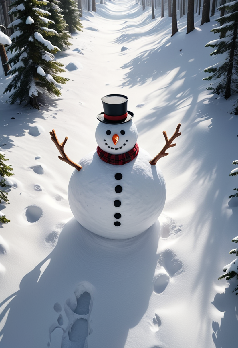 (medium full shot) of (upper body shot , birdâs eye view) of snowman trekking through a forest, detailed face, located in a winter scene at a wintry hilltop during midday with clear weather, illuminated by bright sunlight, creating a peaceful atmosphere, ,Masterpiece,best quality, photo, realistic, very aesthetic
