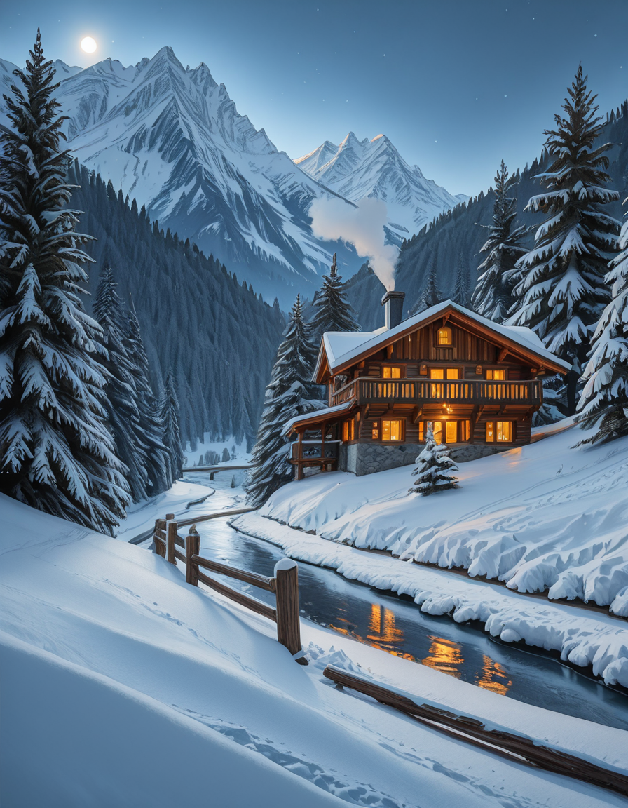 A stunning winter scene in the Tyrol region of Austria. A charming wooden chalet with traditional alpine architecture stands on a gentle snow-covered slope, surrounded by dense evergreen forests blanketed in fresh snow. The chaletâs warm interior lights glow softly through its large windows, creating a cozy contrast against the cool twilight hues of the sky. A plume of smoke drifts from the chimney, hinting at a roaring fireplace inside. In the foreground, a small wooden fence is partially buried under the snow, while a frozen river winds through the valley, reflecting the moonlight. Towering, snow-capped peaks of the Austrian Alps dominate the background, adding a breathtaking sense of grandeur. Snowflakes gently fall, adding movement and depth to the peaceful, picturesque scene. The image is hyper-realistic, capturing the intricate textures of the wood, snow, and ice, with cinematic lighting that highlights the magical winter ambiance.
<lora:SDXLFaeTastic2400:0.4> <lora:extremely_detailed:0.4> extremely detailed,winter scene in the Tyr0l, <lora:winter_scene_in_the_Tyr0l-i:1>, Masterpiece,best quality,hi res,8k,hi res,8k,award winning,(sharp focus, intricate, highly detailed),