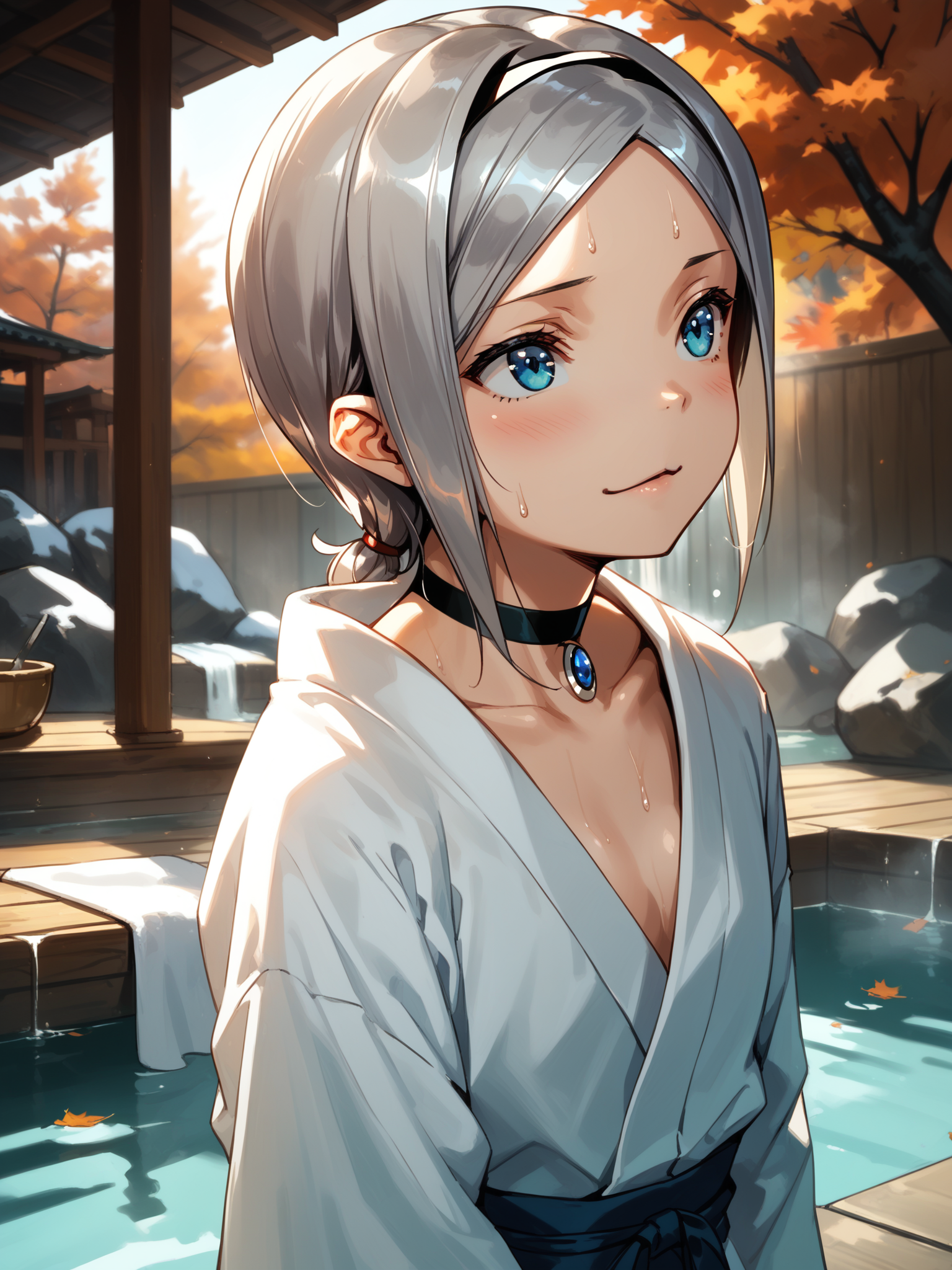 (, solo focus:1.2) <lora:happy_tentacle-leia-v0.1-000033:1>, ht_leia, silver hair, blue eyes, pendant choker, (fangs:0.5), (petite:1.2), <lora:Shed_The_Skin's StS_age_slider_v1_initial_release:-1.2> ( :1.1) sweat ( , , ( :1.2) , , (looking at another:1.2) :1.2) , outdoors, vegetation, ( :1.1), autumn , (day :0.6), (blue sky:0.6) , (:0.5), , (science fiction :0.9), onsen, bathrobe ((from behind :1.1) :0.8) score_9, score_8_up, score_7_up, score_6_up, score_5_up, score_4_up, ( [(realistic, photorealistic:1.3):(realistic:1.2):16] [(3d:1.2)::14] :1) <lora:LUUNA's Lunas-NijiJourney-SDXL-B2:0.35>, nijijourney <lora:prgfrg23's Counterfeit-V3.0 Style SDXL_LoRA_Pony Diffusion V6 XL:0.5> <lora:mfcg's mfcgXL:0.12> <lora:reweik's gyokai(himehajime)_PonyXL_style_v01:0.14>