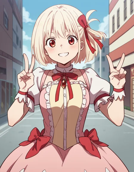 score_9, score_8_up, score_7_up, source_anime, chisatonishikigi, <lora:chisato-nishikigi-s1-ponyxl-lora-nochekaiser:1>, chisato nishikigi, short hair, bangs, blonde hair, red eyes, hair ribbon, one side up, bob cut,, <lora:kaname-madoka-cosplay-ponyxl-lora-nochekaiser:1>, kanamemadokacosplay, kaname madoka \(cosplay\), chest jewel, dress, frilled dress, frills, magical girl, neck ribbon, pink dress, puffy short sleeves, puffy sleeves,, outdoors, streets, smile, blush, v, v over eye,, cowboy shot, dutch angle, solo,