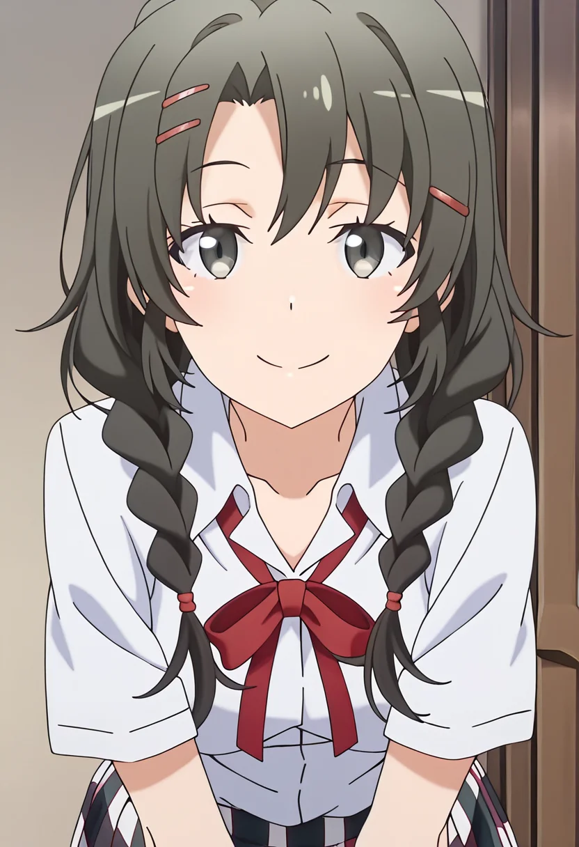 1girl, oregairumeguri, brown hair, long hair, twin braids, hairclip, black eyes, sobu high school uniform, collared shirt, plaid skirt, pleated skirt, smile, looking at viewer, cute, season3art, <lora:Meguri_ill_v1:1>, masterpiece, best quality, high quality, detailed, absurdres