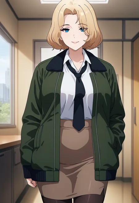 masterpiece, best quality, amazing quality, 1girl, solo, cowboy shot, karenww, mature female, blue eyes, blonde hair, medium hair, military uniform, black necktie, loose necktie, green jacket, white collared shirt, long sleeves, brown pencil skirt, high-waist skirt, black pantyhose, looking at viewer, smile, indoors, day, skindentation, detailed clothing folds, depth of field, sharp, high contrast, dynamic light <lora:Aldrin_Karen_Bravern_ill_v11:0.9>
