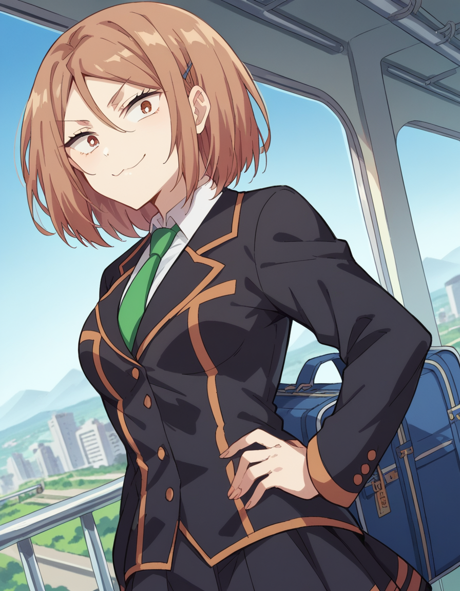 score_9, score_8_up, score_7_up, source_anime, <lora:yayoi-toba-s1-ponyxl-lora-nochekaiser_r1:1>, yayoi toba, short hair, brown hair, hair ornament, brown eyes, hairclip, medium breasts,, skirt, shirt, long sleeves, school uniform, jacket, white shirt, pleated skirt, necktie, black jacket, cardigan, green necktie, train station, waiting for train, suitcase, traveling, commute, city skyline, hands behind back,, , looking at viewer, smug, hand on hips,, solo,, cowboy shot, dutch angle,