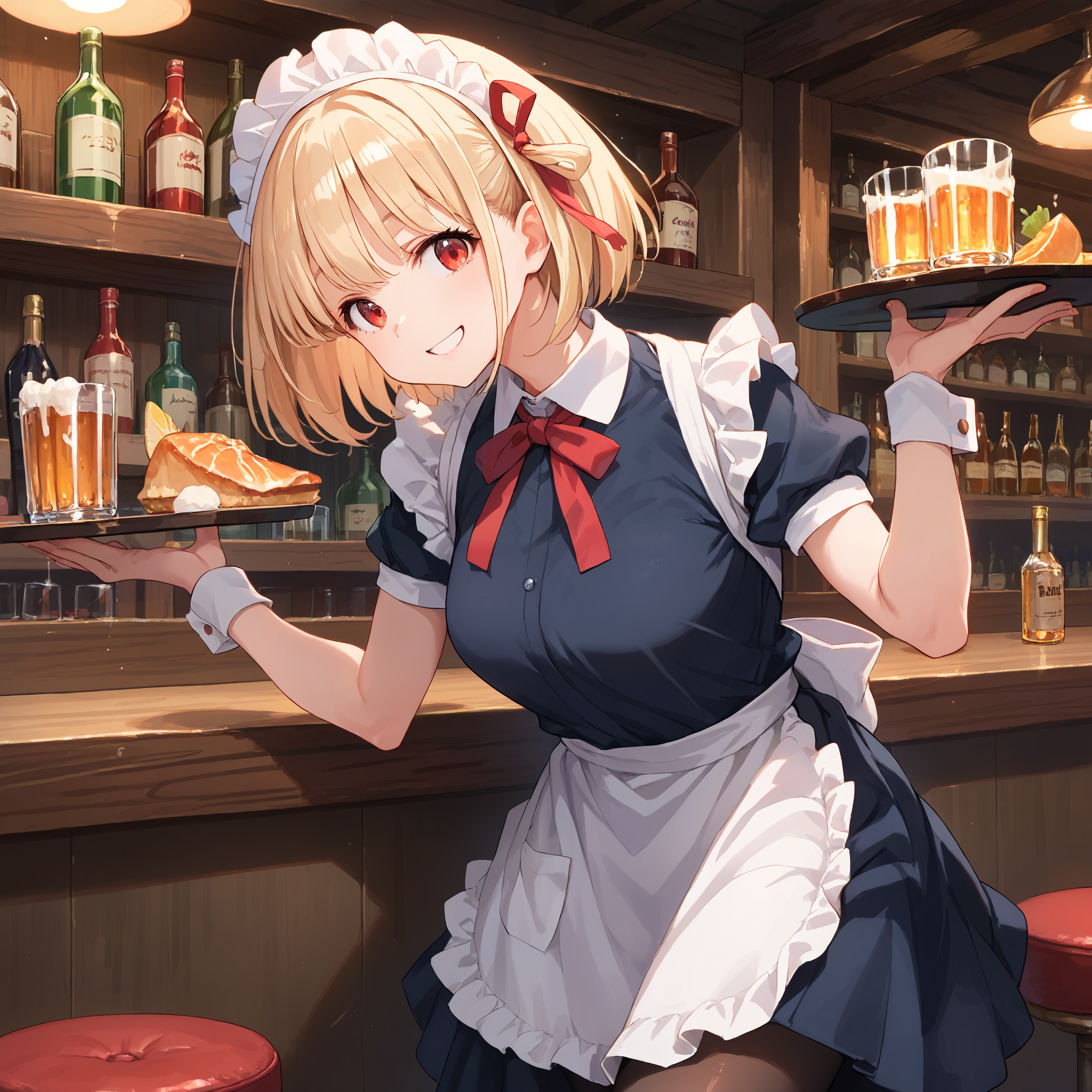 score_9, score_8_up, score_7_up, score_6_up, score_5_up, score_4_up, BREAK source_anime, look at viewer, 1girl, indoors, bar, masterpiece, best quality, high detailed skin,  nishikigi chisato, short hair, blonde hair, red eyes, maid, maid headdress, maid apron, pantyhose, holding tray, smiling,