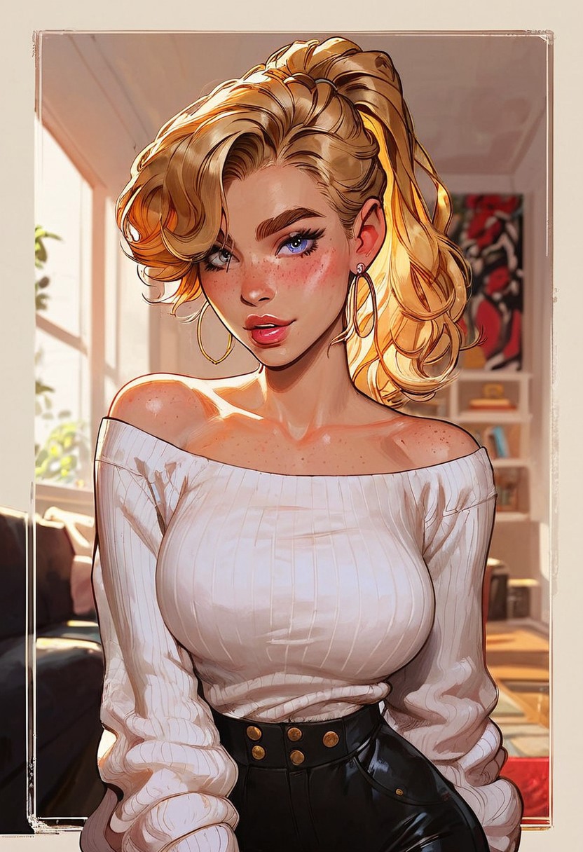 score_9, score_8_up, score_8_up, 1girl, cute girl, pretty girl, feminine, sexy, nsfw, 
fair skin, freckles, feminine body, thin waist, thick eyebrows, dirty blonde hair, ponytail, bangs, beautiful face, freckles, detailed face, blonde hair, large breasts, very perky breasts, wide hips, alluring, seducing, g0thicPXL, ((living room, detailed background)) seductive, 80's outfit, retro, close up shot, face focus