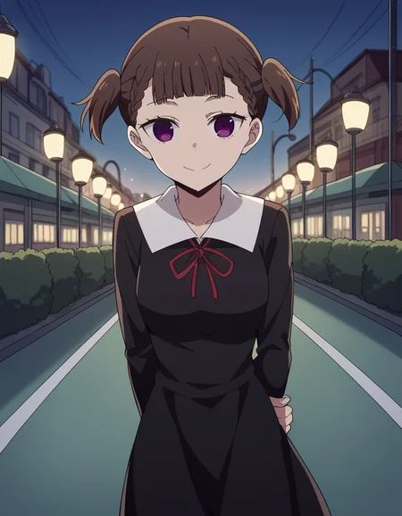 score_9, score_8_up, score_7_up, source_anime, <lora:maki-shijou-s3-ponyxl-lora-nochekaiser:1>, maki shijou, bangs, blunt bangs, purple eyes, twintails, two side up, braid, short twintails, brown hair, medium breasts,, long sleeves, dress, ribbon, school uniform, black dress, red ribbon, neck ribbon, collared dress, shuuchiin academy school uniform,, city street, evening, streetlights, walking dog, quiet neighborhood, gentle breeze, smile, looking at viewer, hands behind back, bent over,, solo,, dutch angle,