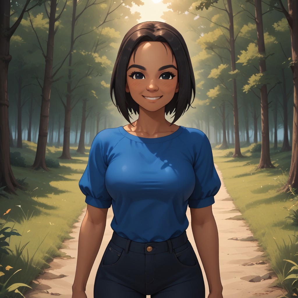 score_9, score_8, BREAK, solo, 1girl, black hair, black eyes, black eyebrows, blush, dark skin, dark skin female, dark blue clothing, black pants, shoes, breasts, Yunyun_(Wii_Sports), cute, tall, thin, skinny, adult female, mature female, sexy pose, self portrait, smile, outdoors, sunlight, shadows, evening lighting, natural lighting, forest, trees, grass, orange sky, sunset