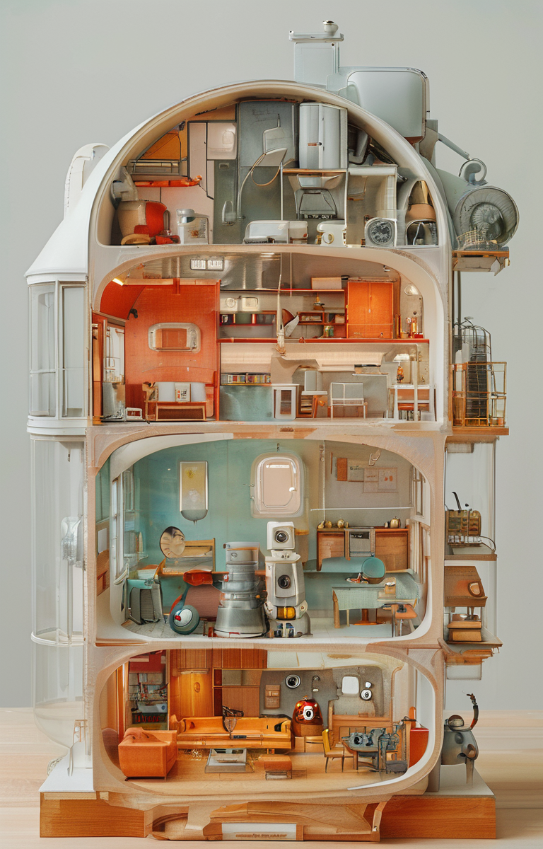 masterpiece,best quality,<lora:tbh242-sdxl:0.9>,illustration,style of Cutaway view portrait of Housework robots