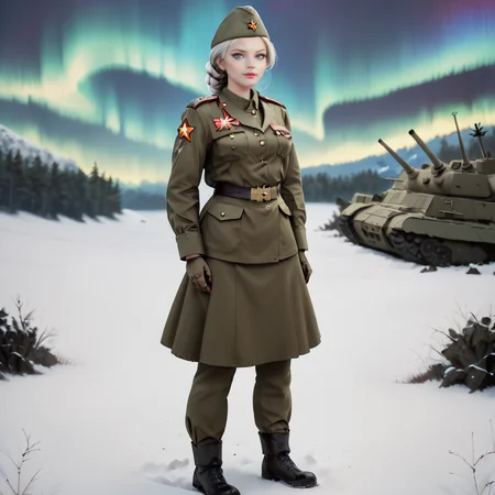 <lora:Pony Soviet Military uniform-000003:0.9>
core_9, score_8_up, score_7_up, score_6_up, score_5_up, score_4_up, BREAK 1girl, solo, best quality, high quality, highres, masterpiece, Soviet Military uniform, outdoors, battleship, aurora, polar bear, æ