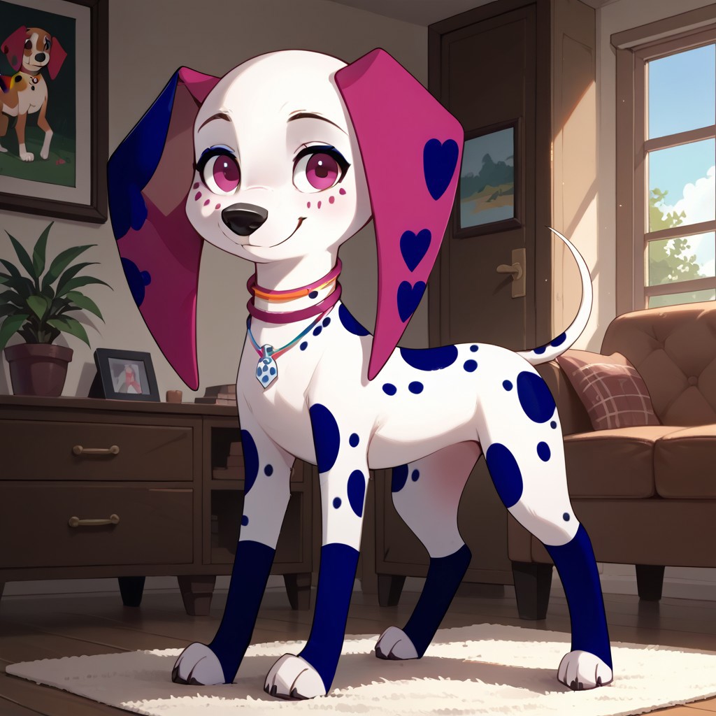 score_9, score_8_up, score_8, score_7, source_cartoon, Jessi(JD), Solo, feral, 1girl, female furry, dog, dog girl, dalmatian, white and black hair, spotted fur, dog tail, pink ears, pink eyes, black eyeshadow, black nose, three collars, full body, looking at viewer, standing, smile, eyes half closed, living room background,